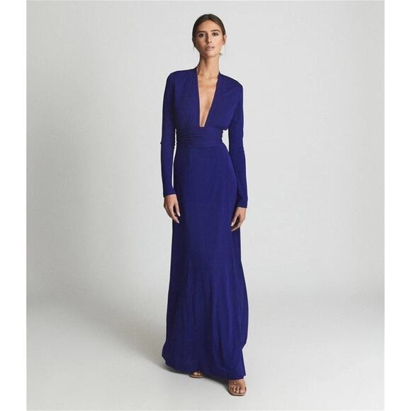 New w/Tags REISS Bailey-Jersey Cobalt Blue Plunge Neck Maxi Dress US 6 RT $475 - Picture 1 of 14